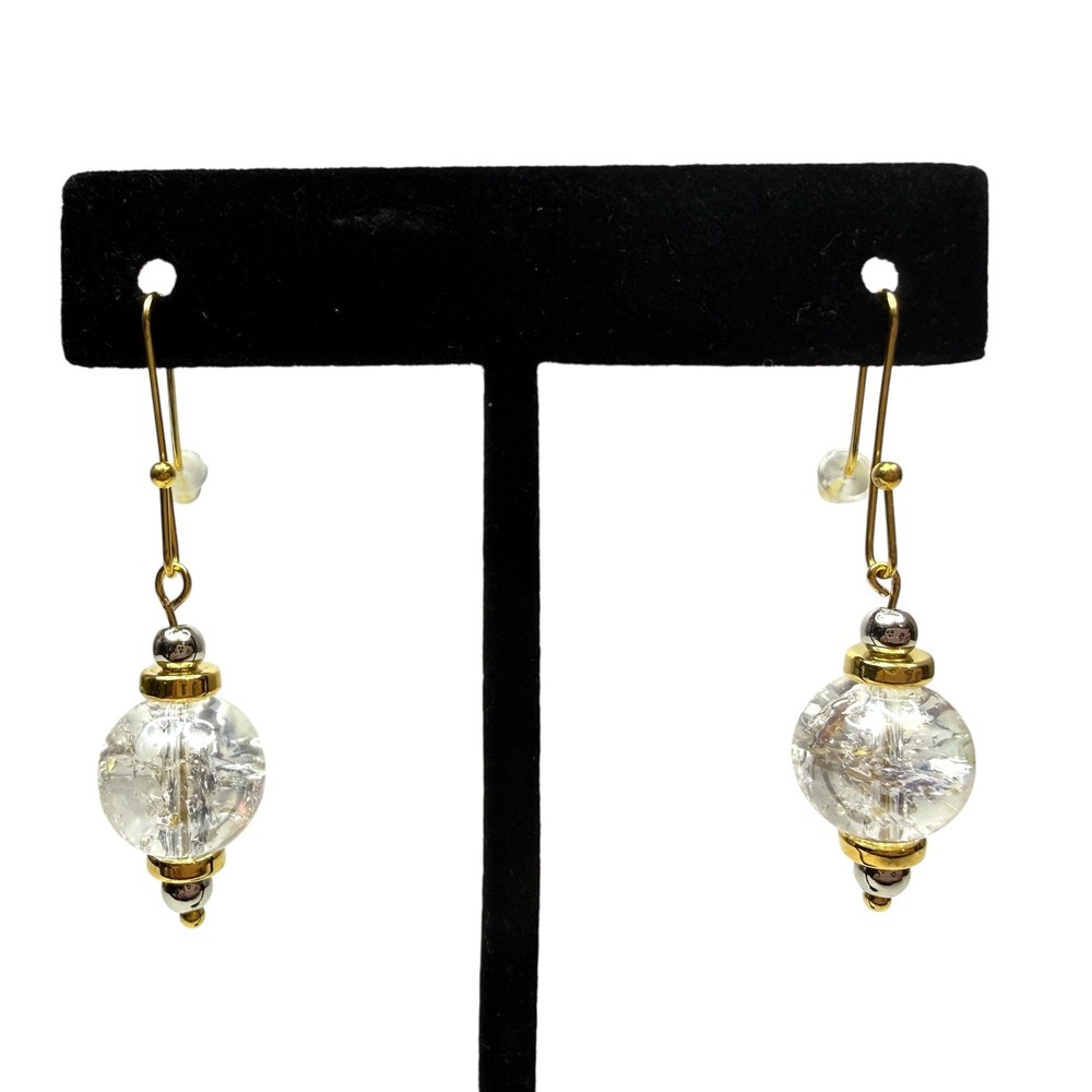 Silver and Gold Tone Clear Glass Bead Dangle Drop Earrings Crackled Beads 1.5 in